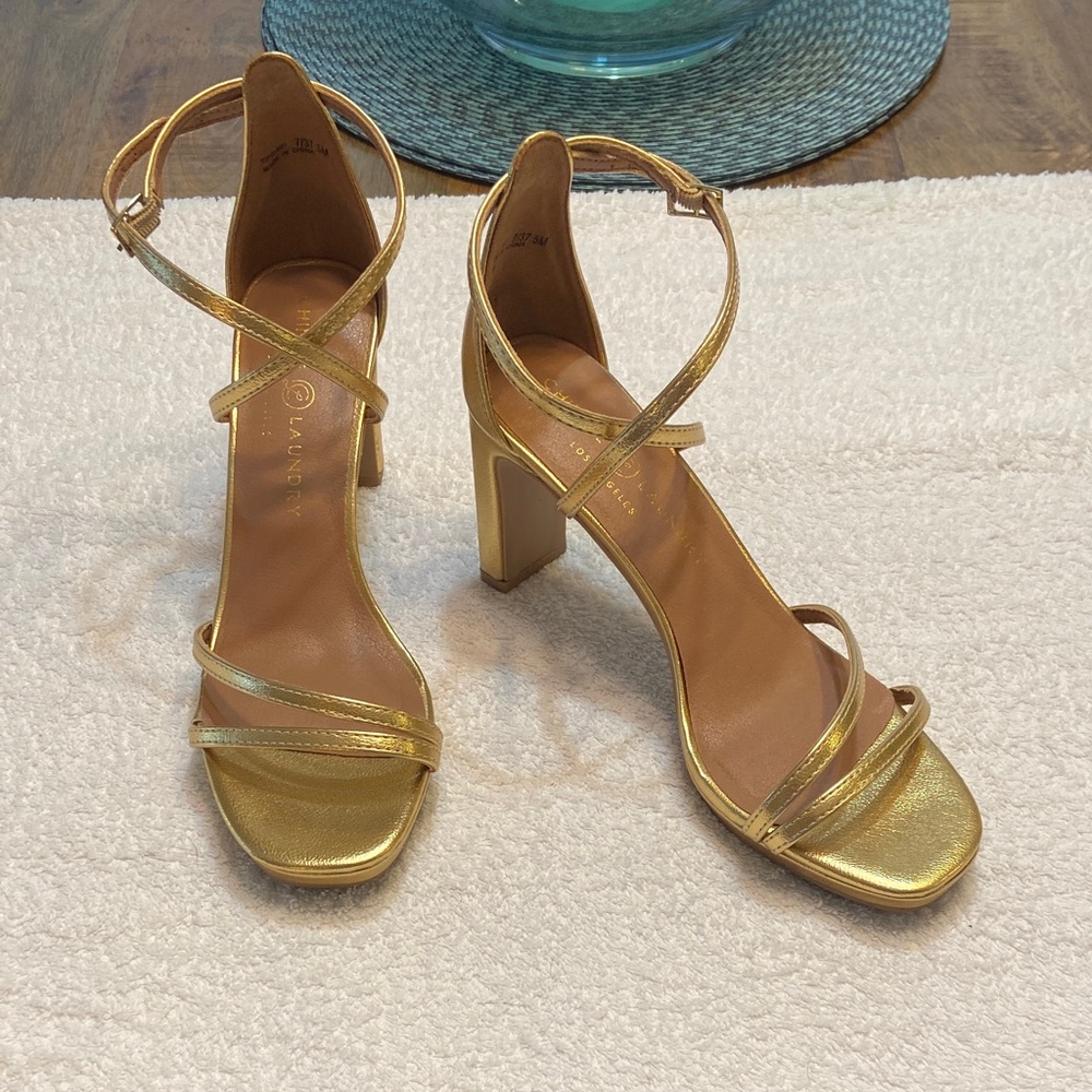 Chinese Laundry platform Gold Strappy Heels